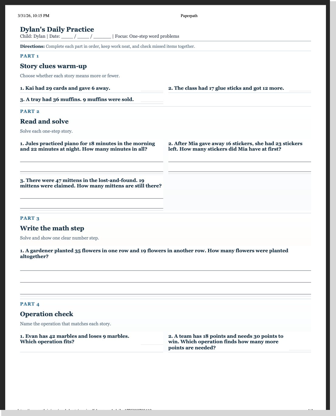 Sample Paperpath Daily Practice worksheet